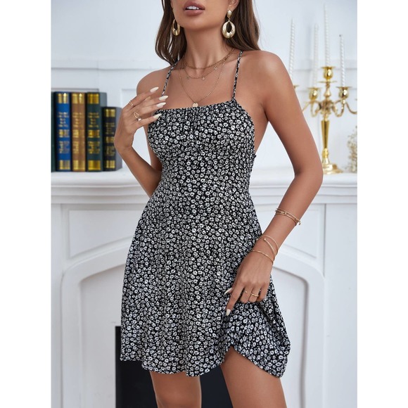 Boho preppy Lace Up Open Back Floral Cami Dress blue - Picture 4 of 8